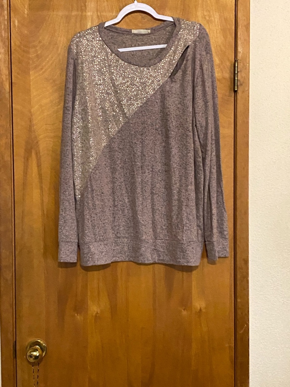 Women's Taupe Sequin Diagonal-Panel Pullover Hoodie